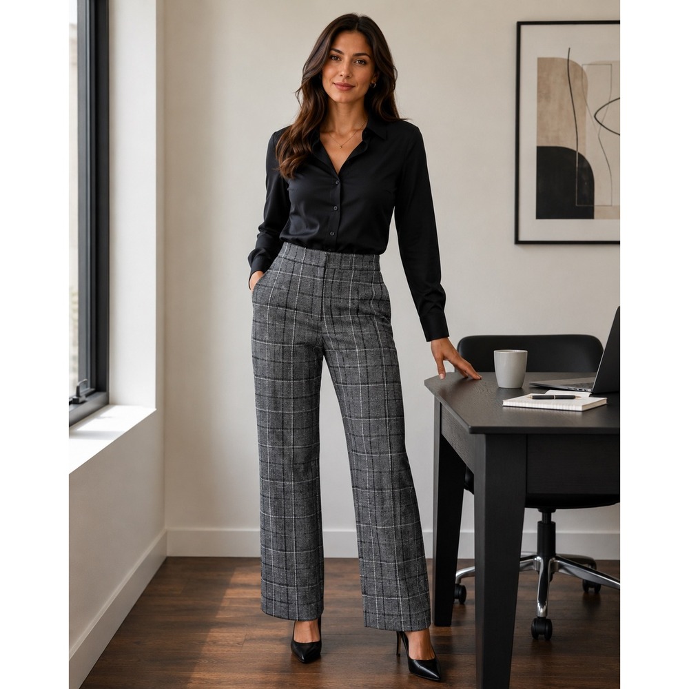 White House|Black Market Grey Plaid Wide Leg Dress Pants Trousers Professional